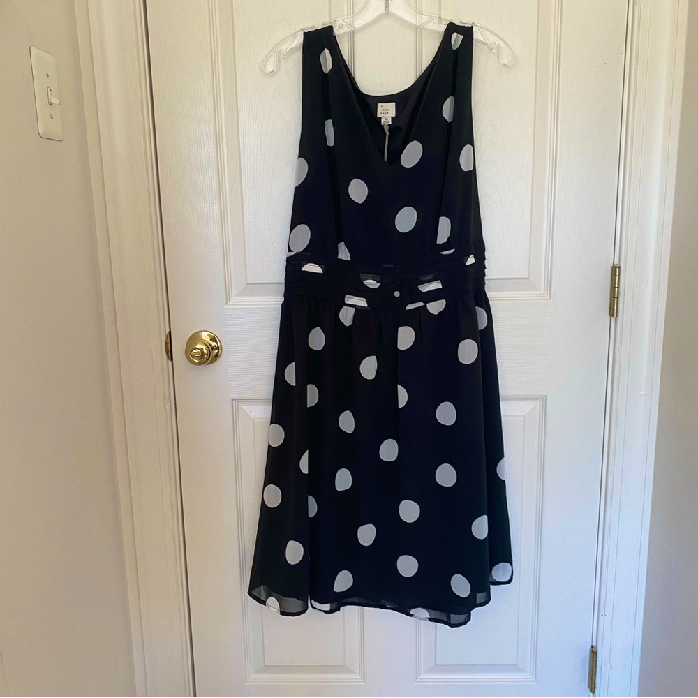 A New Day Black Dress with White Polka Dots. Cinched button waist, flowy skirt